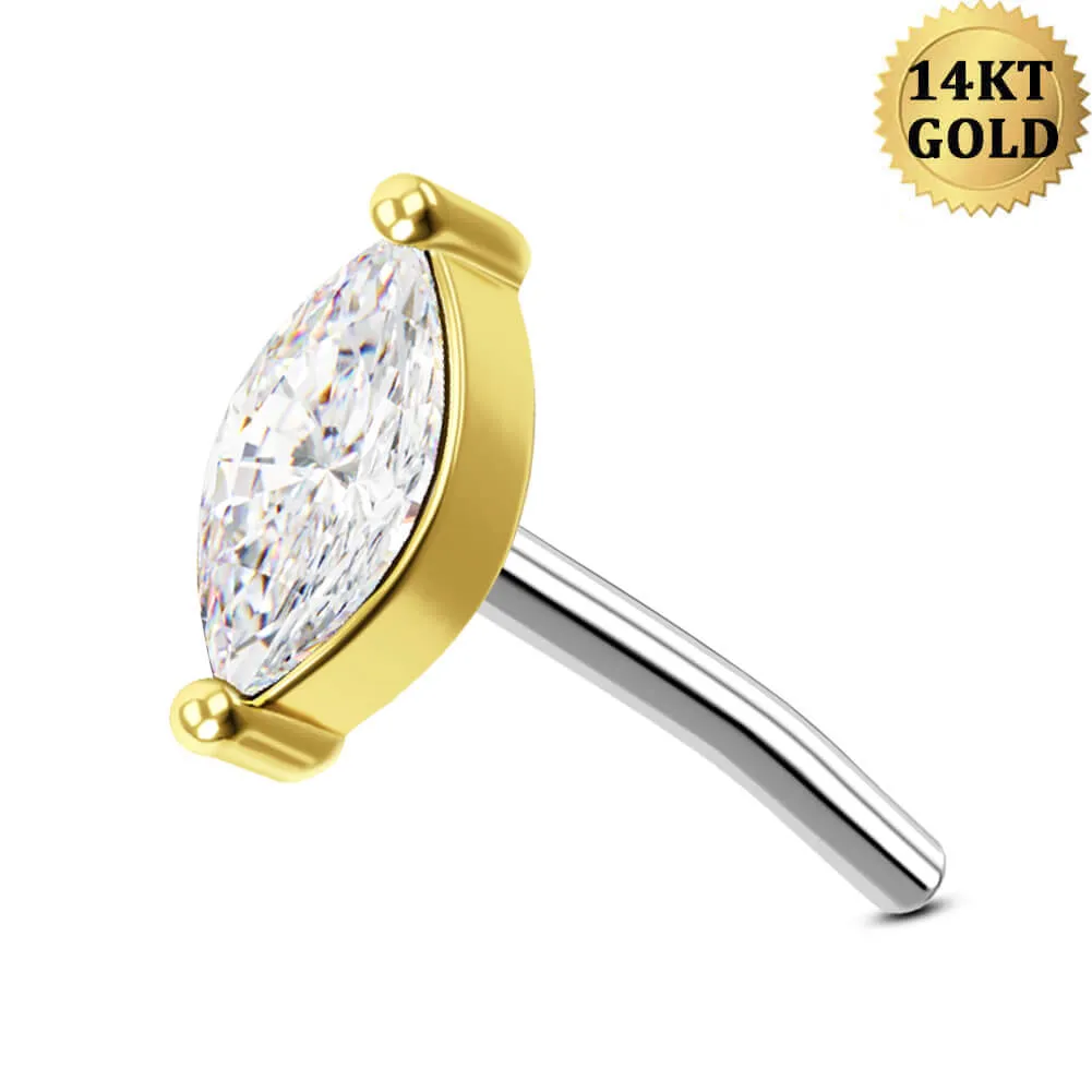 14K Solid Gold Marquise CZ Top Push Pin Conch Stud Jewelry