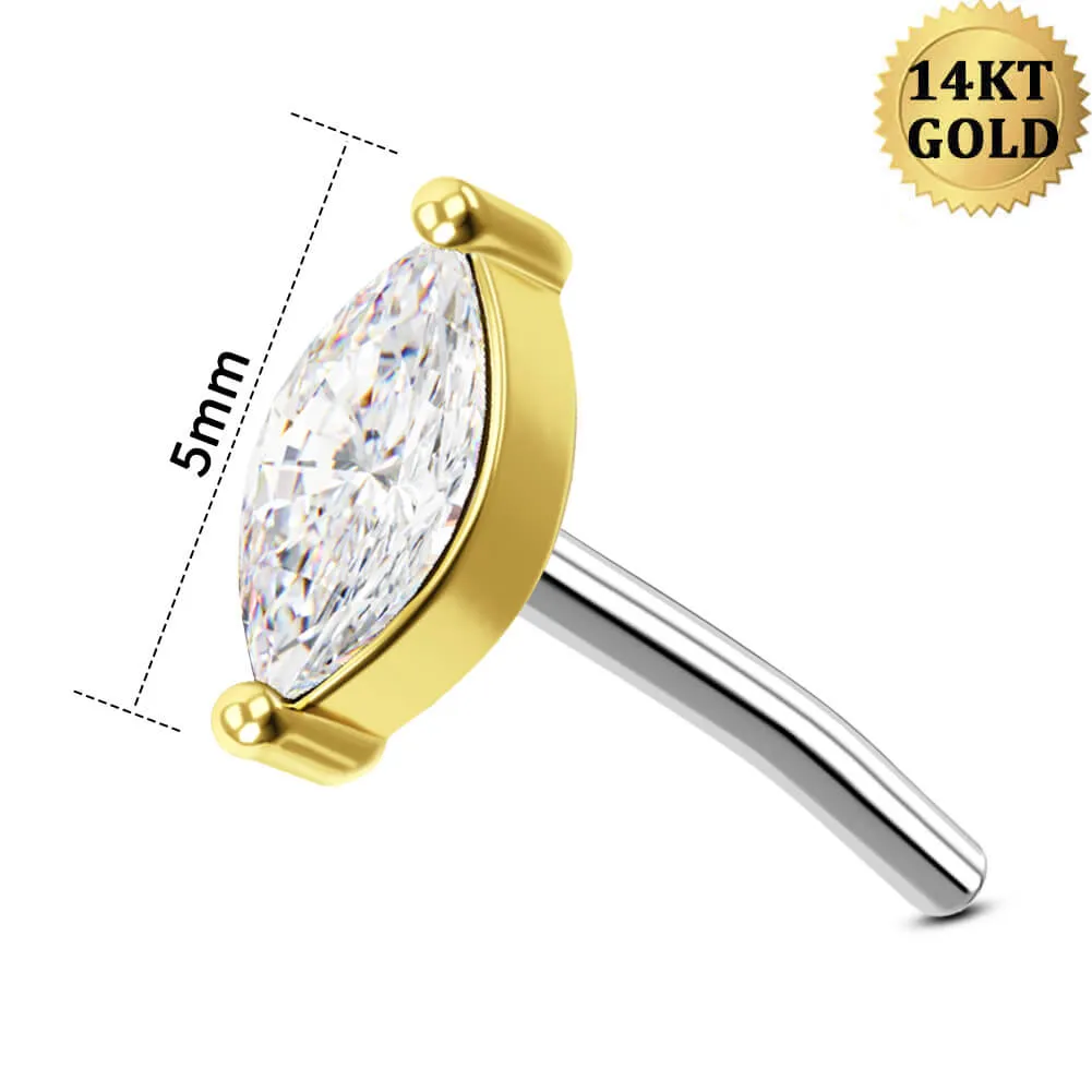 14K Solid Gold Marquise CZ Top Push Pin Conch Stud Jewelry