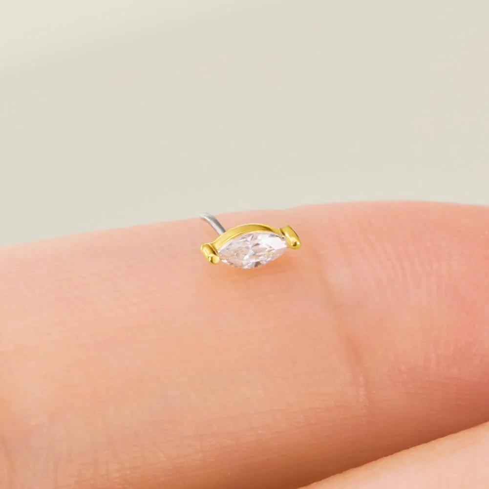 14K Solid Gold Marquise CZ Top Push Pin Conch Stud Jewelry