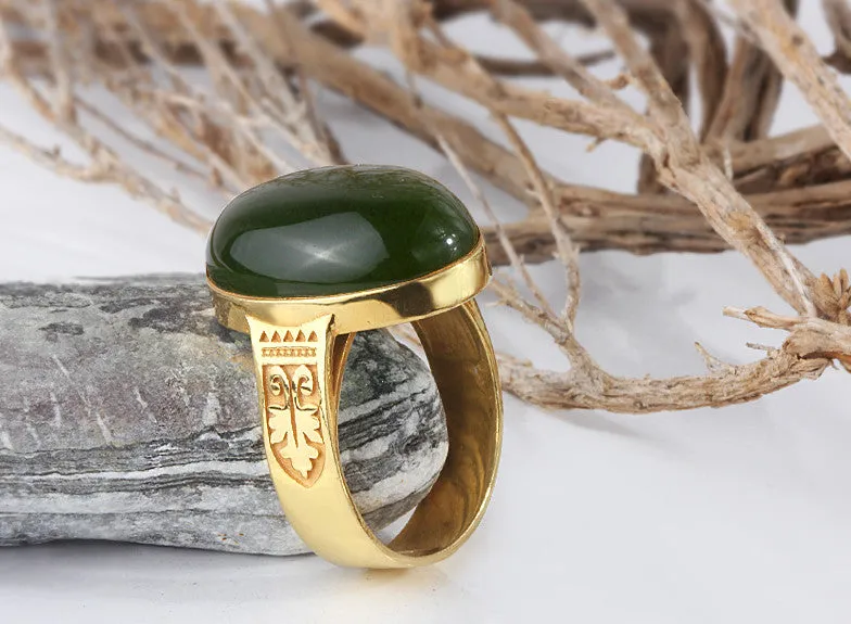 14k Yellow Solid Gold Artdeco Men's Ring with Green Agate Stone