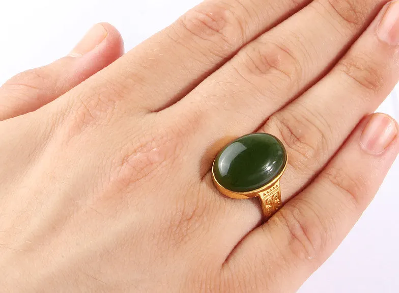 14k Yellow Solid Gold Artdeco Men's Ring with Green Agate Stone