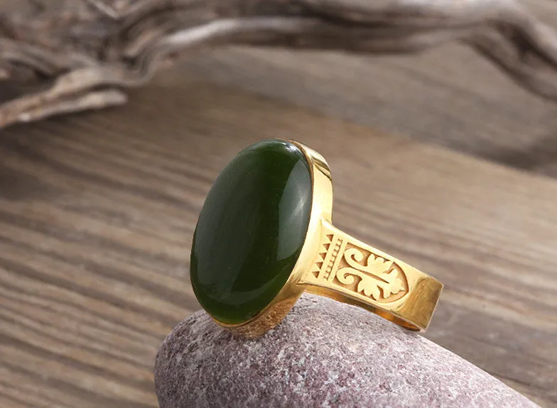 14k Yellow Solid Gold Artdeco Men's Ring with Green Agate Stone