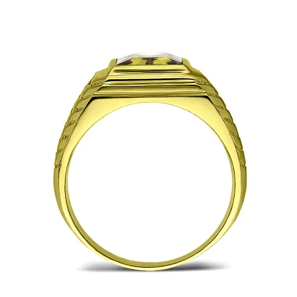 18K Gold Plated on 925 Solid Silver 2 Diamonds Mens Yellow Citrine Ring All Sz