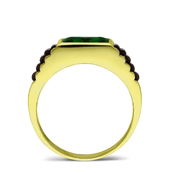 18K Hallmarked Solid Yellow Gold Mens Band Ring with Green Emerald Gemstone