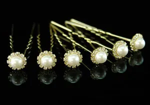 6 Bridal Rhinestone Faux Pearl Gold Plated Hair Pins XP1106