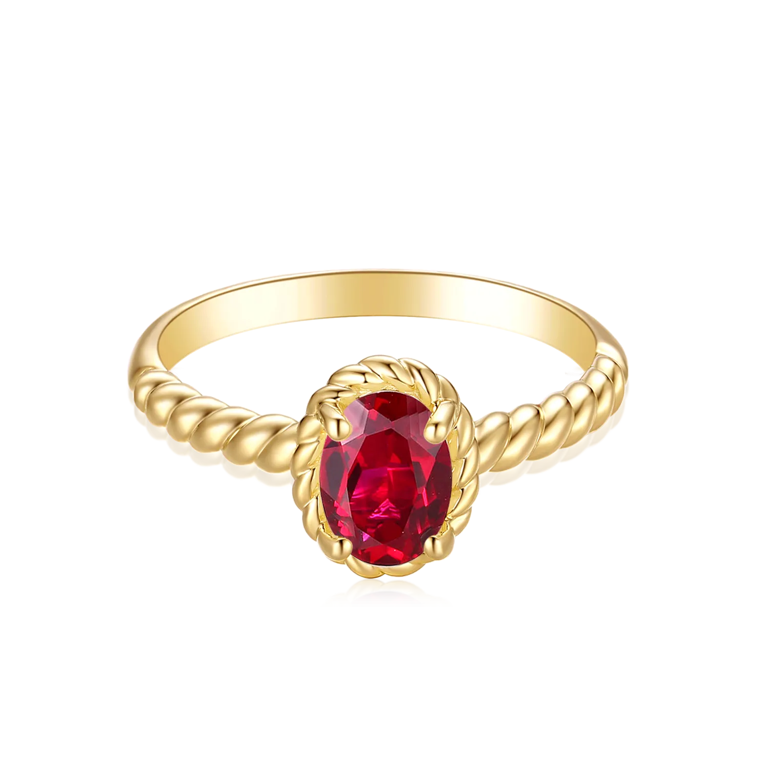 9ct Yellow Gold Oval Cut 7x5mm Created Ruby July Ring