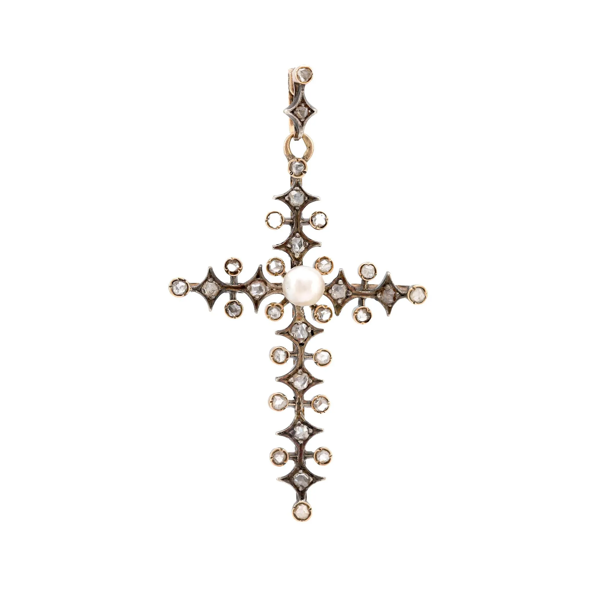 Antique Pearl Diamond 18K Yellow Gold Silver Cross Pendant