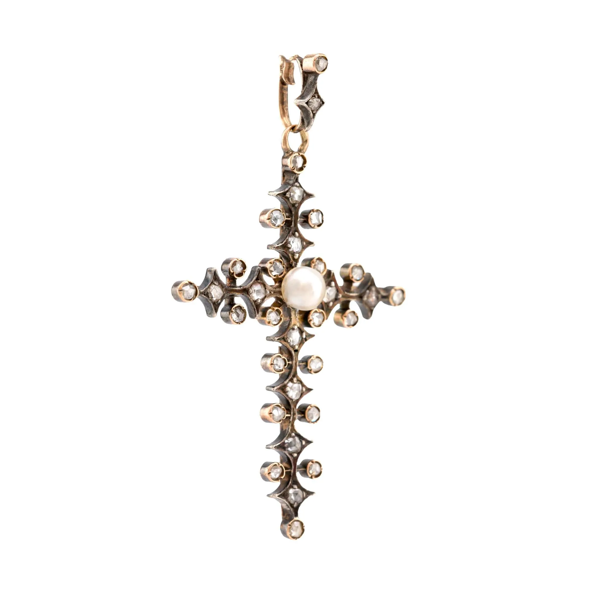 Antique Pearl Diamond 18K Yellow Gold Silver Cross Pendant