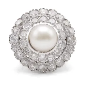 Art Deco Pearl Diamond 14K White Gold Cluster Ring