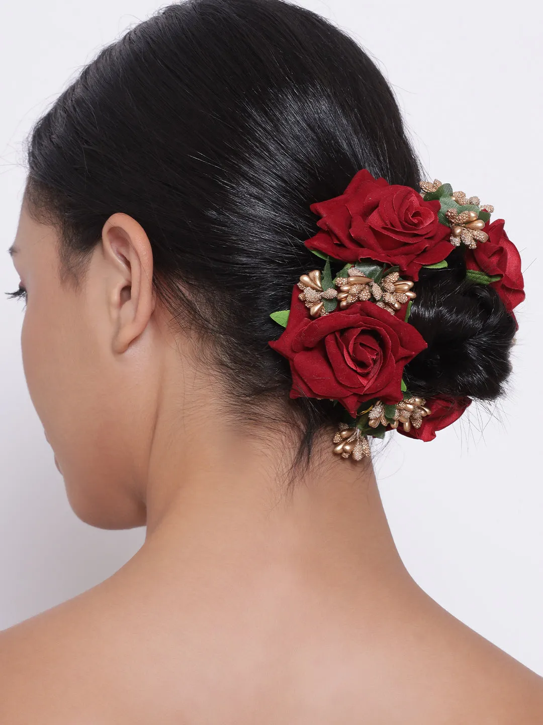 Artificial Red Rose Flower Handcrafted Fabric Gajra/Hair Bun Accessories