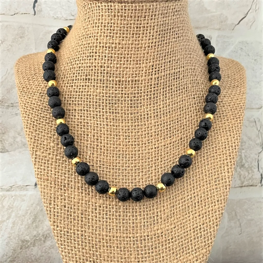 Black Lava and Gold Round Beaded Mens Necklace