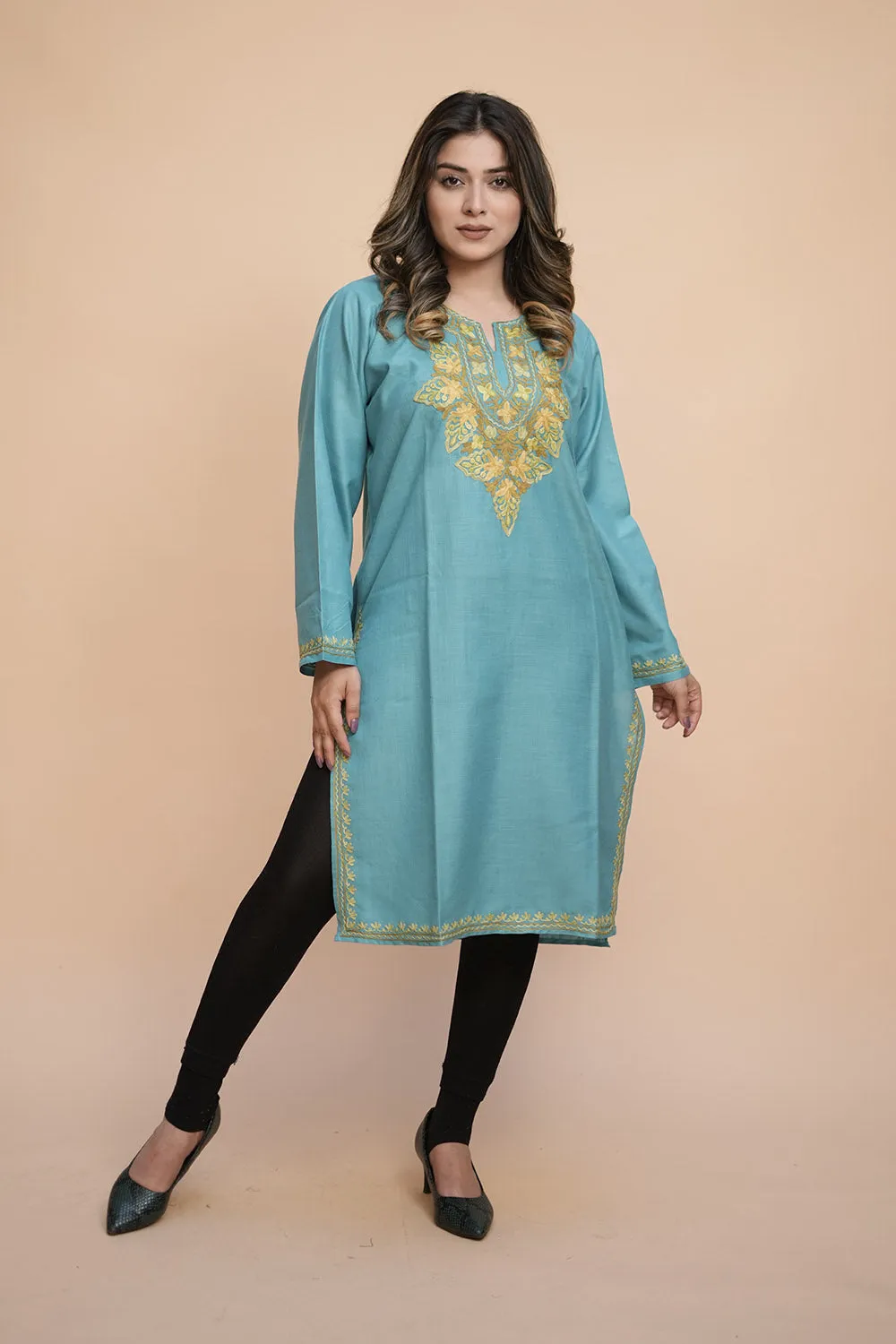 Blue Colour Cotton Kurti With Kashmiri Motifs With Latest Fashion Trend.