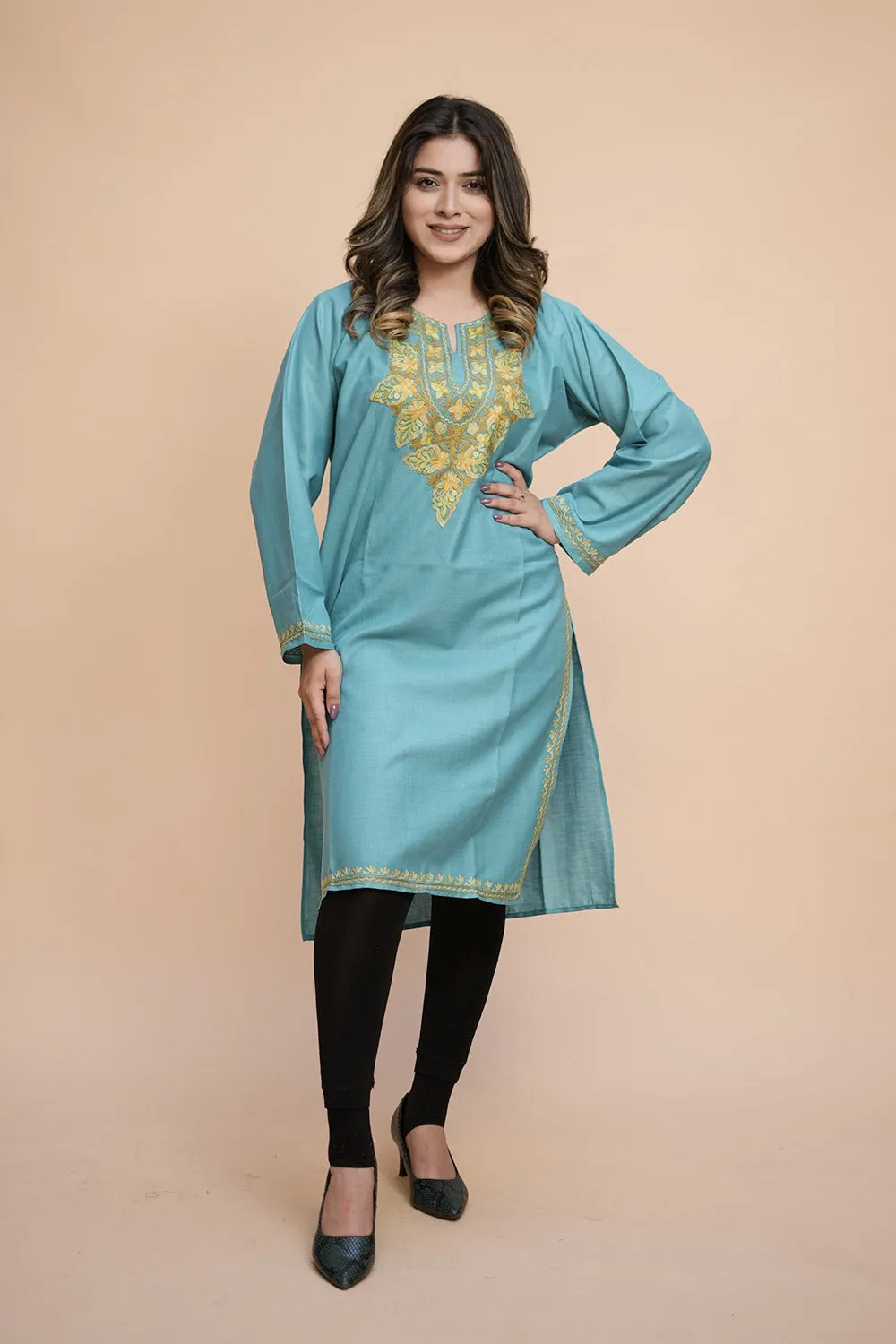 Blue Colour Cotton Kurti With Kashmiri Motifs With Latest Fashion Trend.