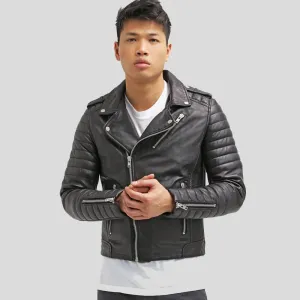 Cain Black Slim Fit Biker Leather Jacket for Men