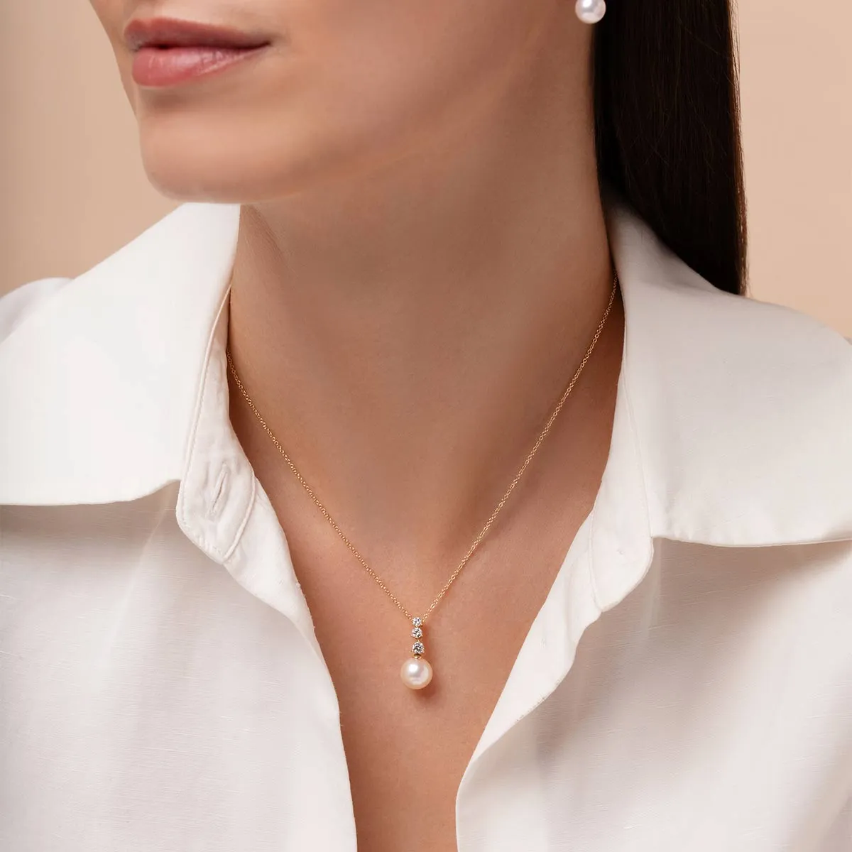 Diamond Classic 18K Gold Akoya Pearl Triple Diamond Drop Pendant