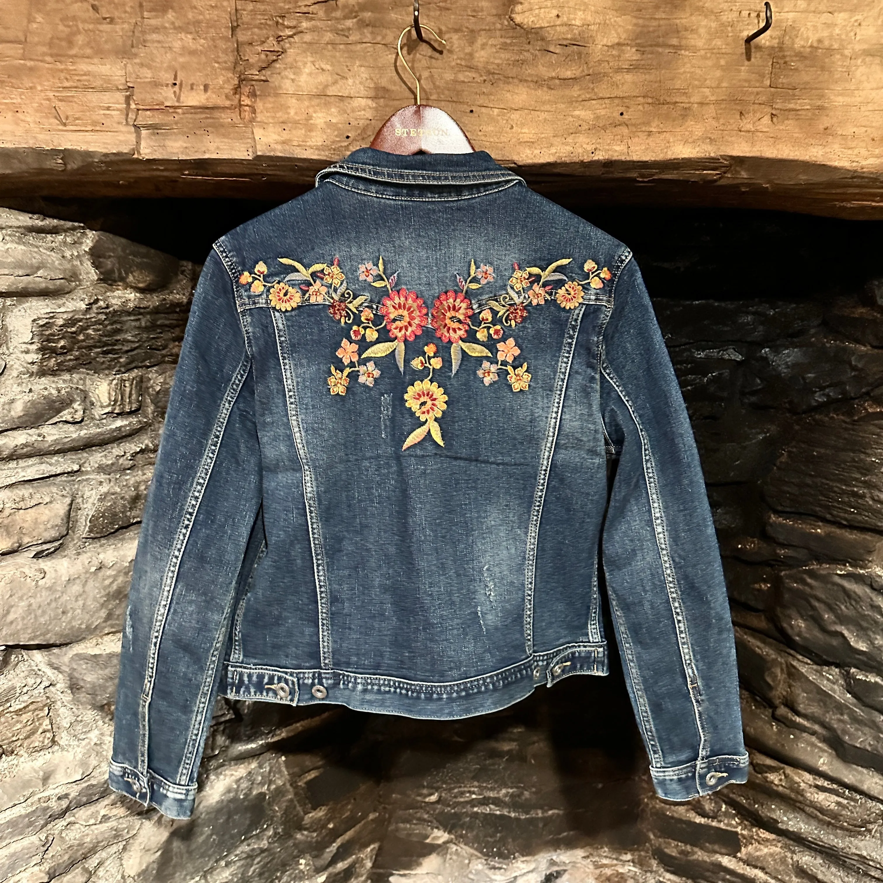 Floral Embroidered Stretch Denim Jacket at Bourbon Cowgirl