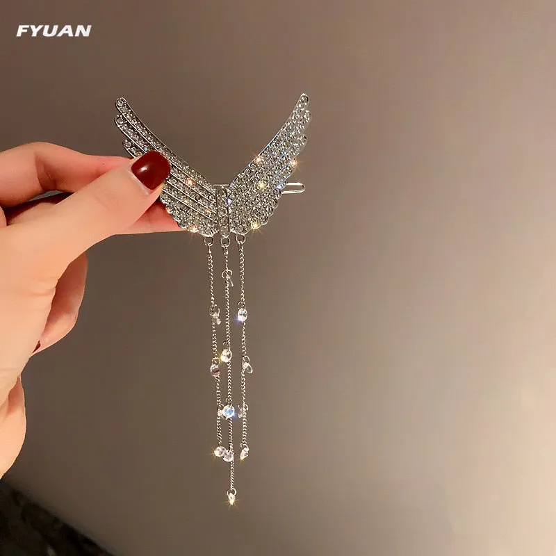 FYUAN Korean Style Beautiful Wings Hairpins for Women Long Tassel Rhinestones Crystal Hair Accessories Weddings Jewelry