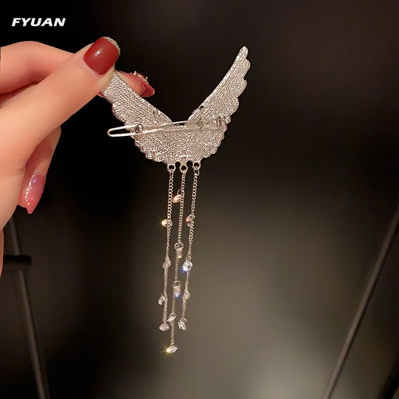 FYUAN Korean Style Beautiful Wings Hairpins for Women Long Tassel Rhinestones Crystal Hair Accessories Weddings Jewelry