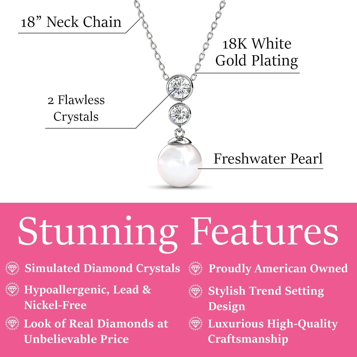 Genevieve Sweet Pearl 18k White Gold Plated Pendant Necklace with Swarovski Crystals