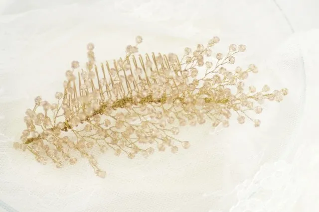 Gold Plant Crystal Bead Wedding Hair Stick Leaves