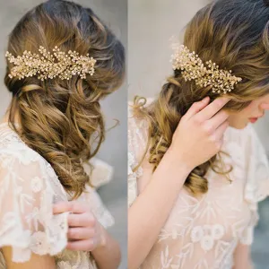 Gold Plant Crystal Bead Wedding Hair Stick Leaves