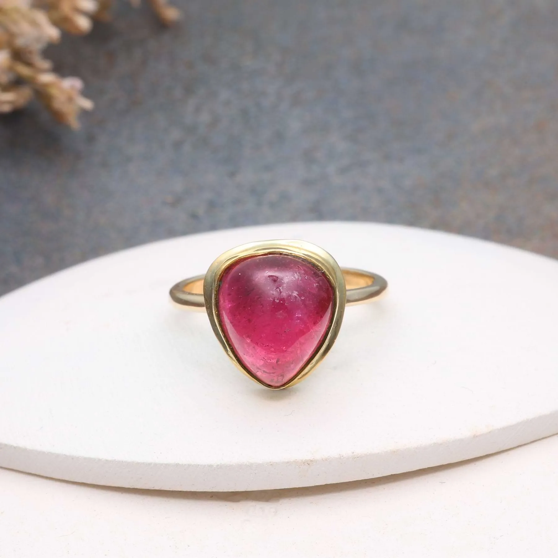 Heart Shaped Pink Tourmaline Cabochon Gold Ring