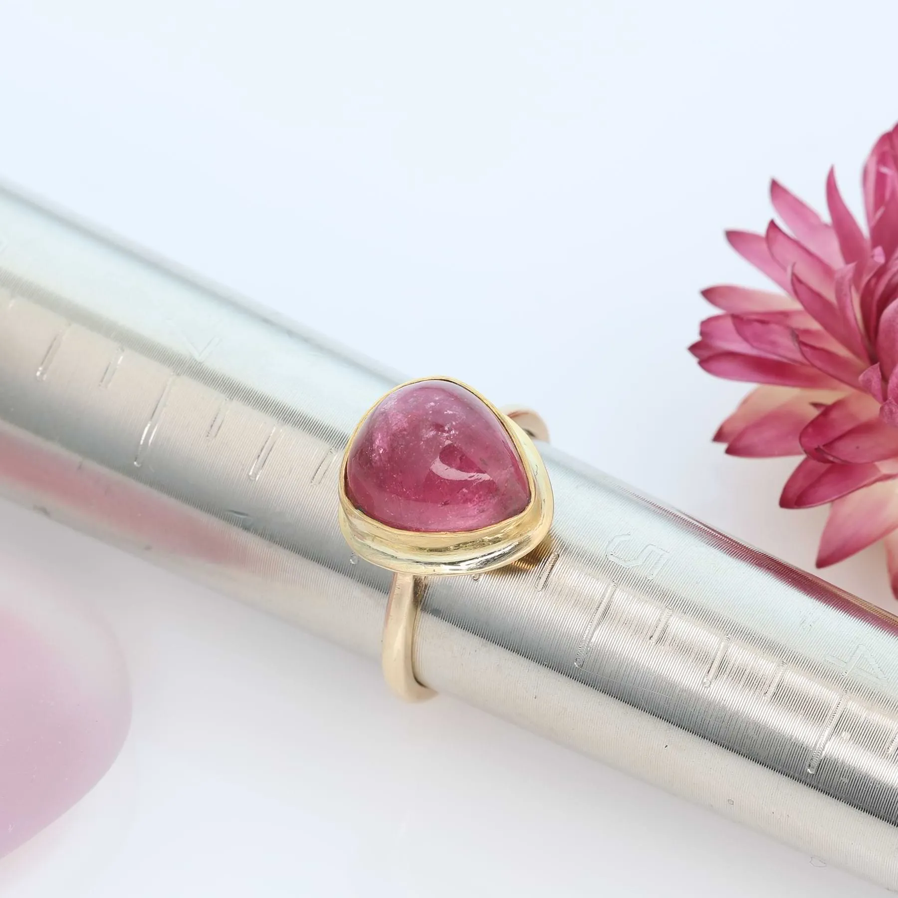 Heart Shaped Pink Tourmaline Cabochon Gold Ring