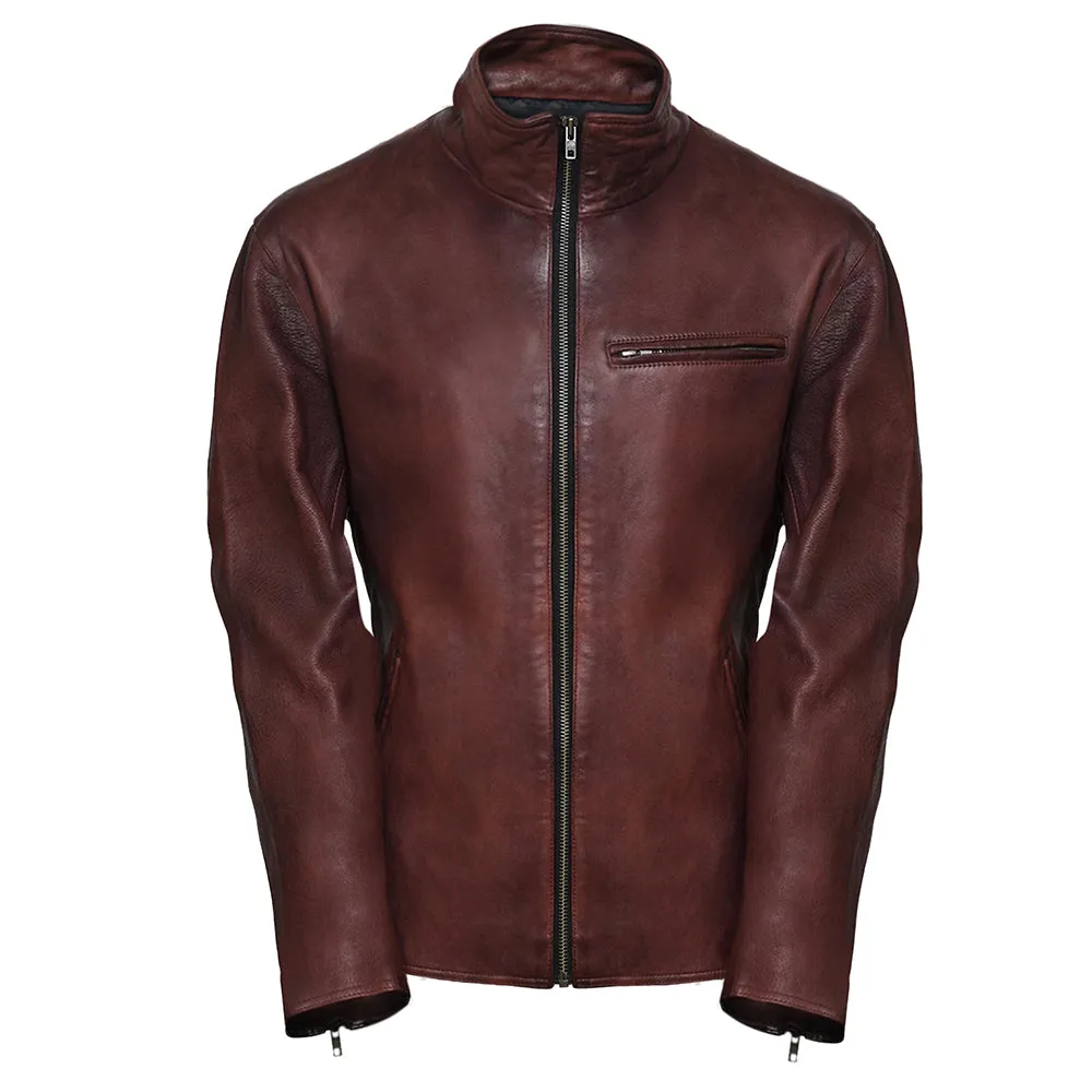 High Collar Slim Fit Mens Burgundy Leather Jacket