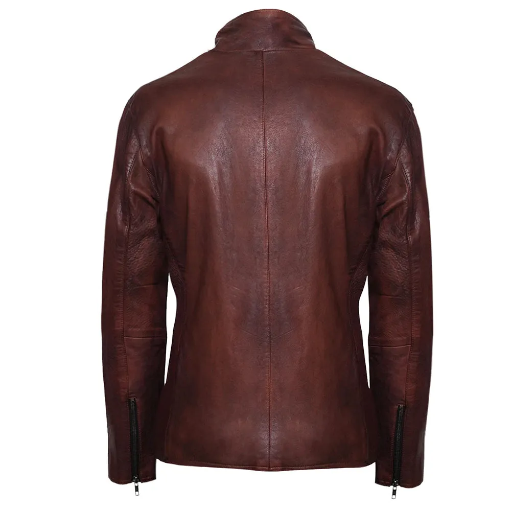 High Collar Slim Fit Mens Burgundy Leather Jacket