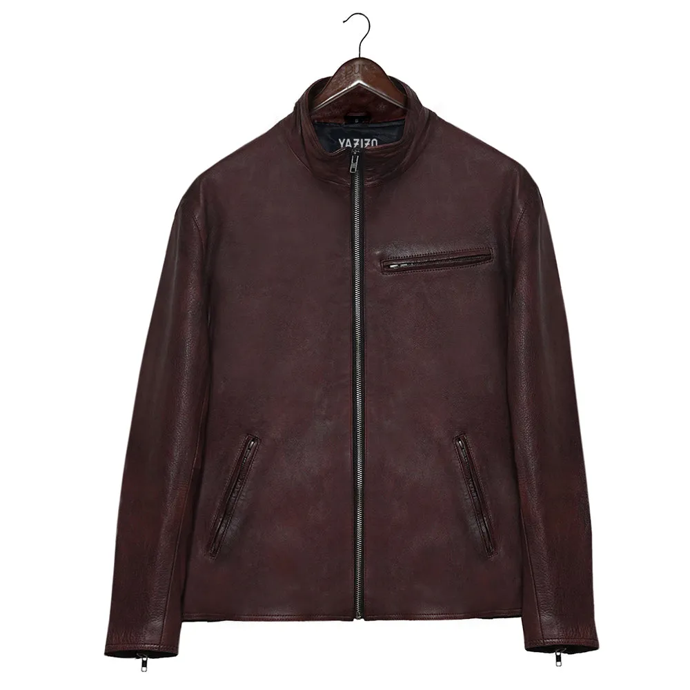 High Collar Slim Fit Mens Burgundy Leather Jacket