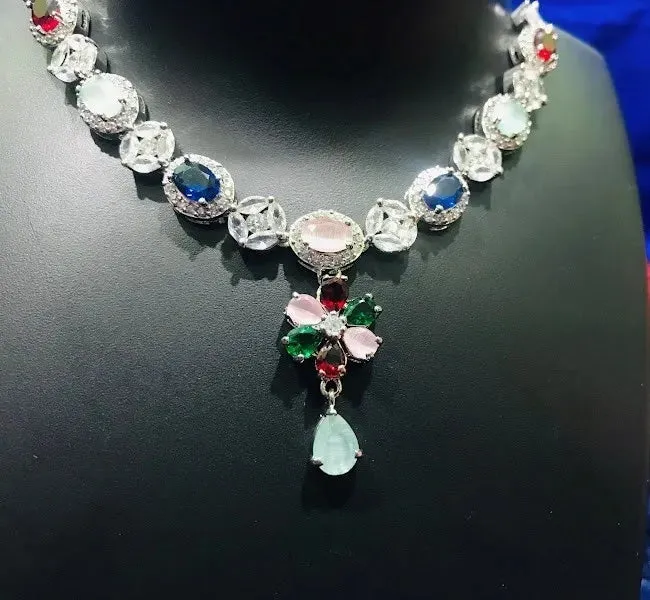 High End Silver Plated AD Multi Colored Stone Set