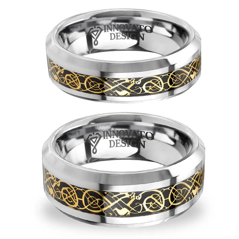 His & Her 6mm/8mm Tungsten Carbide Wedding Bands with Gold Celtic Dragon Inlay Set