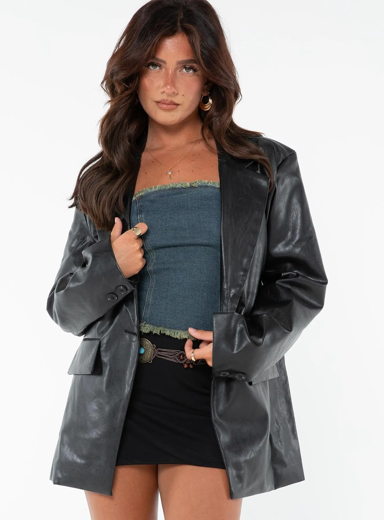 Jocelyn Faux Leather Blazer Black Petite