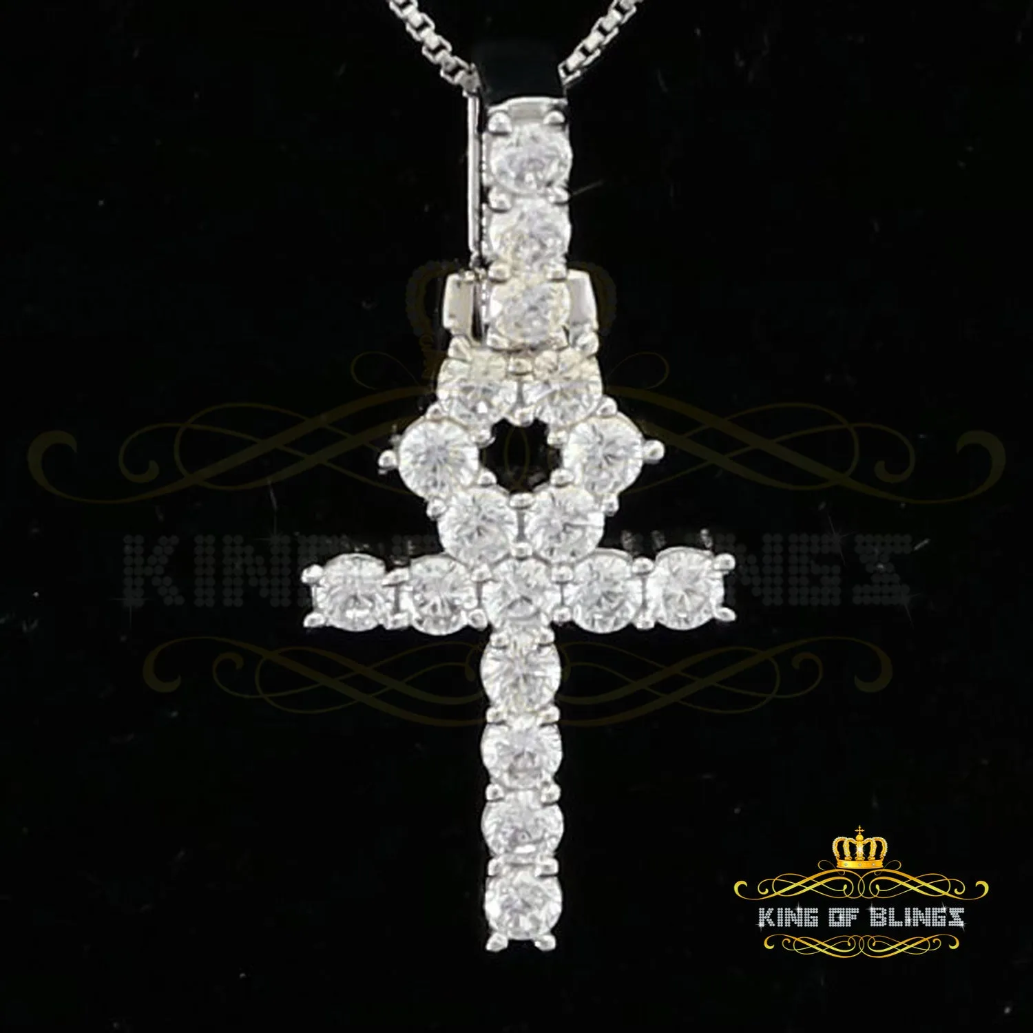 King Of Bling Sterling Silver Pendant White Mens ANKH with 1.98ct Cubic Zirconia