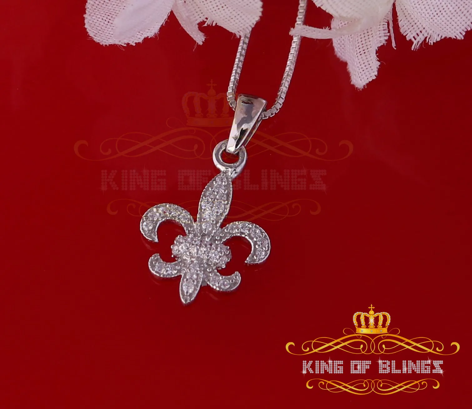 King Of Bling's 925 Sterling White Silver Fleur de Lis Shape Pendant with 0.38ct Cubic Zirconia