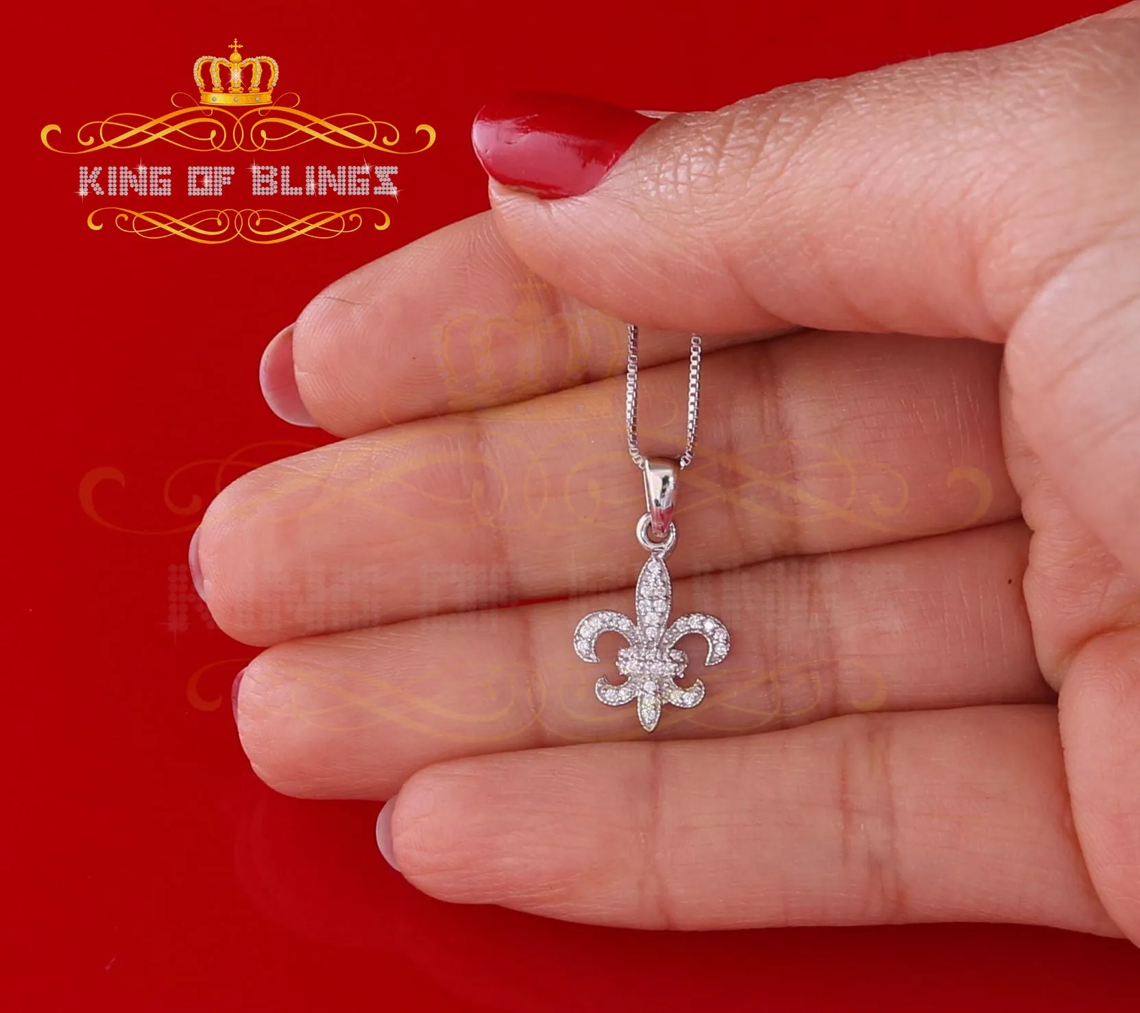 King Of Bling's 925 Sterling White Silver Fleur de Lis Shape Pendant with 0.38ct Cubic Zirconia