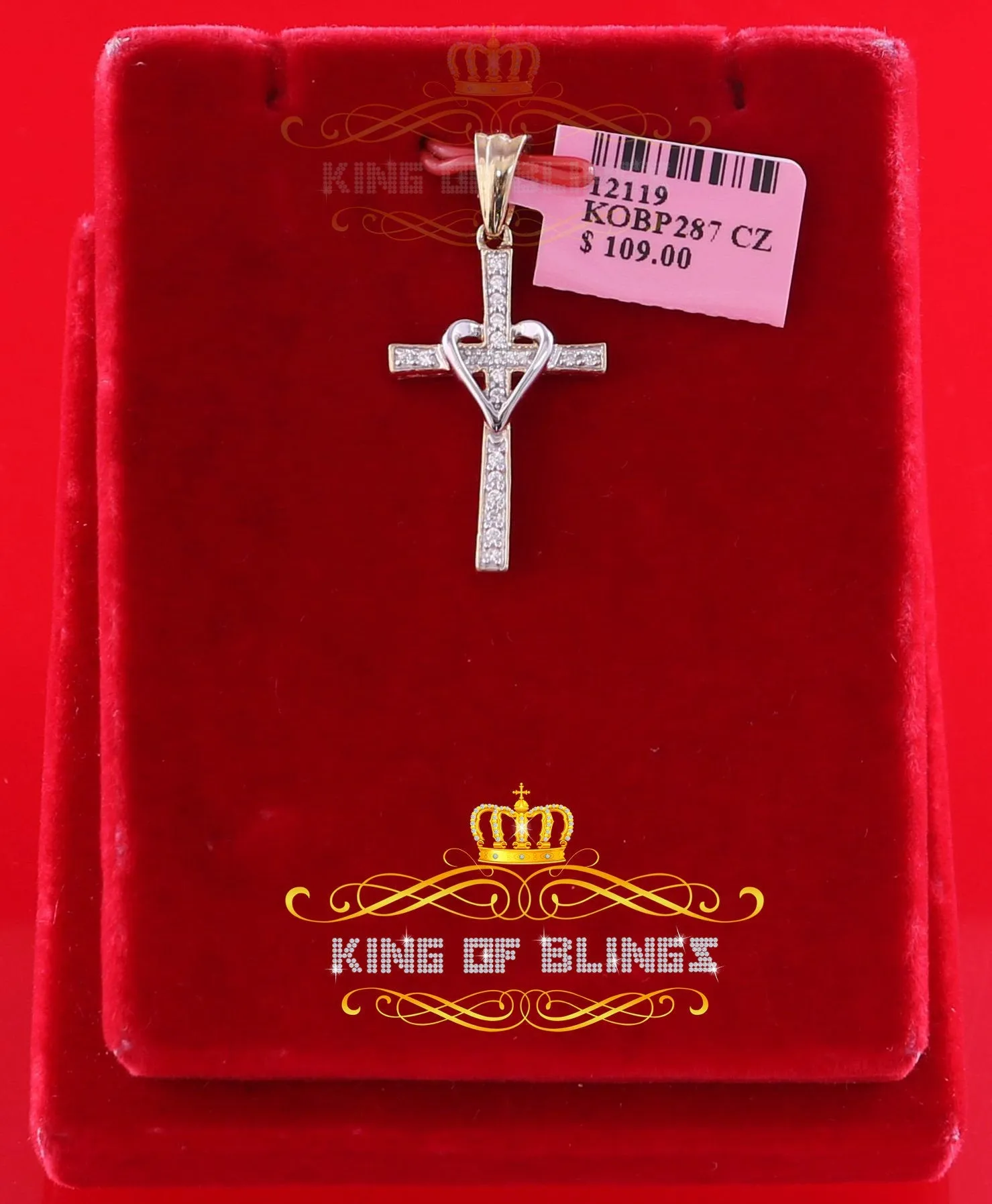 King Of Bling's King Of Bling's Yellow 925 Silver Cross and Heart Pendant with 0.22ct Cubic Zirconia