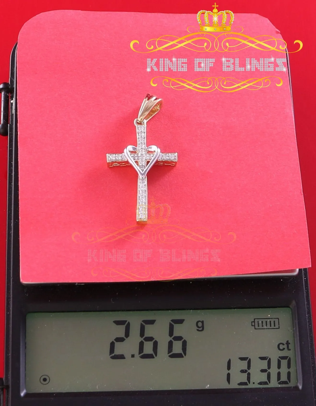 King Of Bling's King Of Bling's Yellow 925 Silver Cross and Heart Pendant with 0.22ct Cubic Zirconia