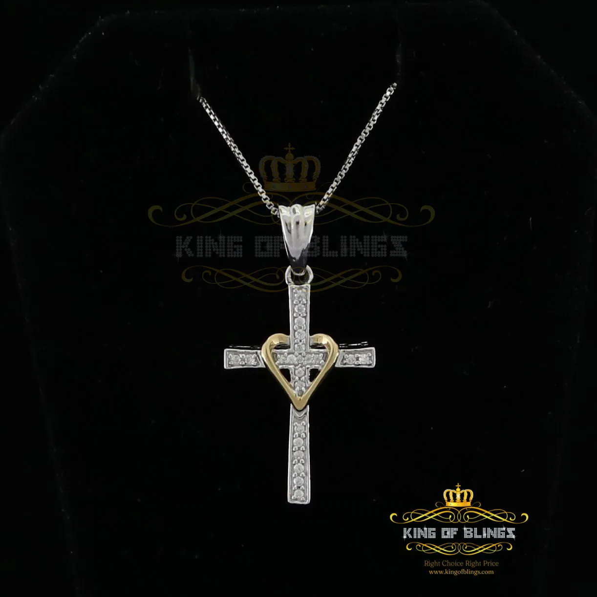 King Of Bling's White 925 Sterling Silver Cross with Heart Pendant with 0.22ct Cubic Zirconia