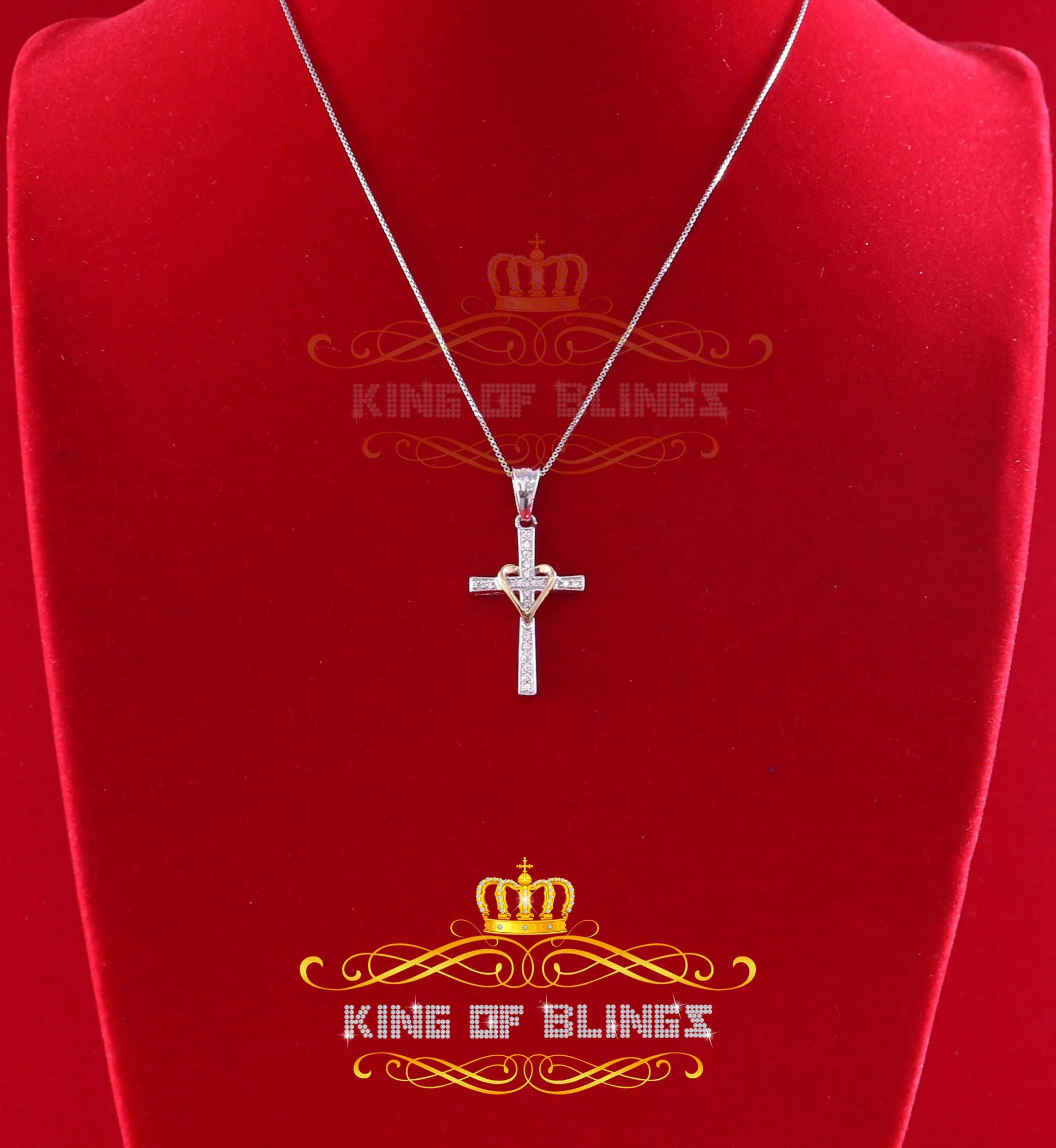 King Of Bling's White 925 Sterling Silver Cross with Heart Pendant with 0.22ct Cubic Zirconia