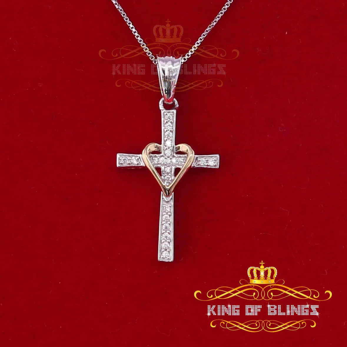 King Of Bling's White 925 Sterling Silver Cross with Heart Pendant with 0.22ct Cubic Zirconia