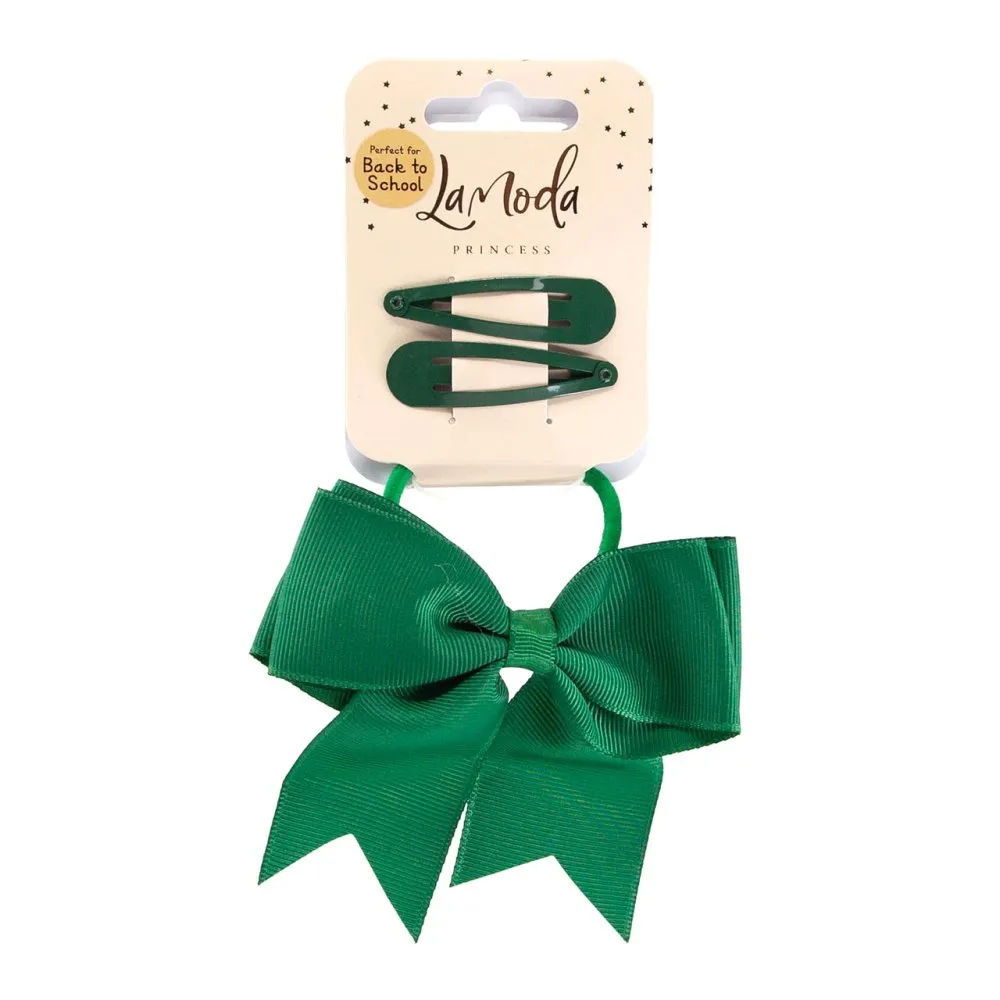 LaModa Princess Back to School Large Bow and Clips Set Green 3Pk