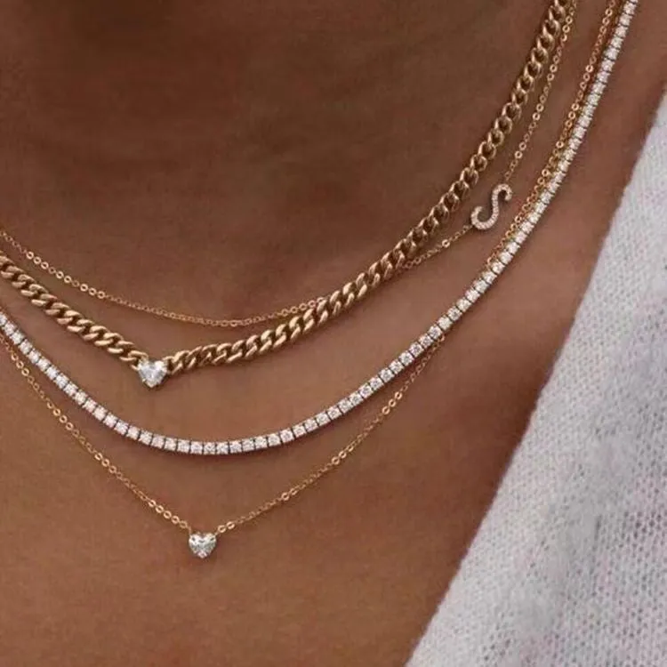 Layered Shine Heart CZ Cuba Chain Necklaces