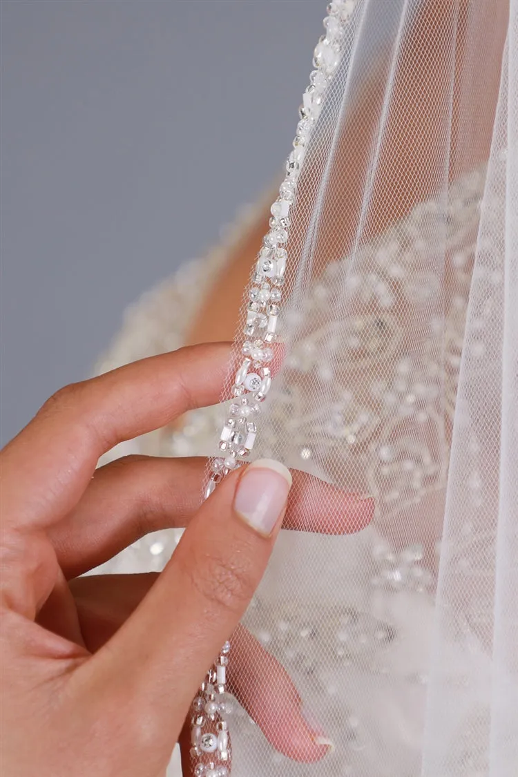 Lovely Cathedral Bridal Veil Crystals, Pearl & Bugle Beads Trim