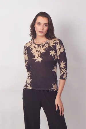 Maple print in Beige & Black Round-Neck Top