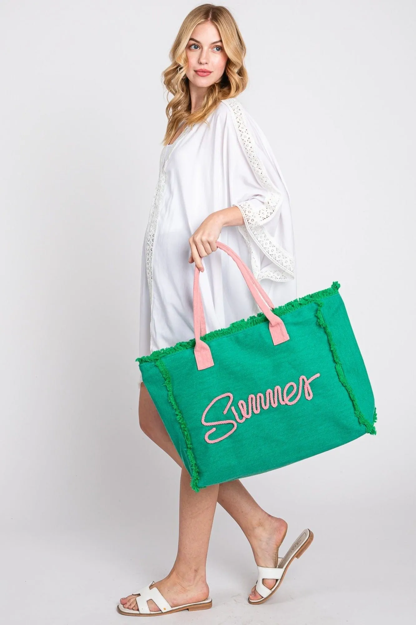 MB0204 Sewn Rope Summer Letter Fringe Tote Bag