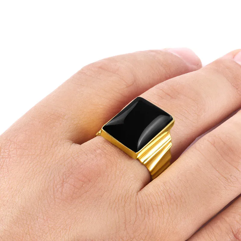 Men's Ring with Natural Black Onyx Gemstone in 14k Yellow Gold