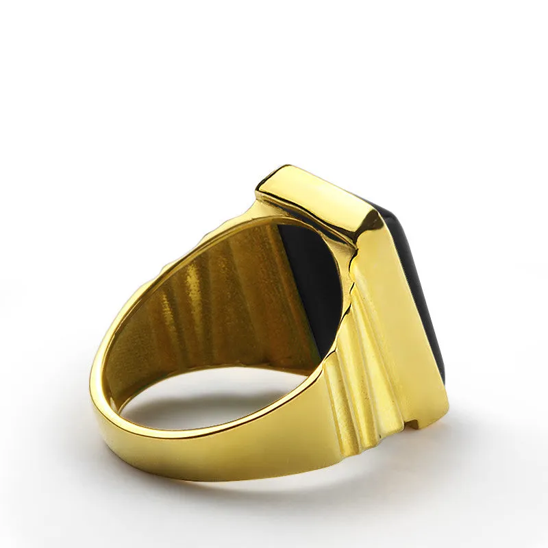 Men's Ring with Natural Black Onyx Gemstone in 14k Yellow Gold