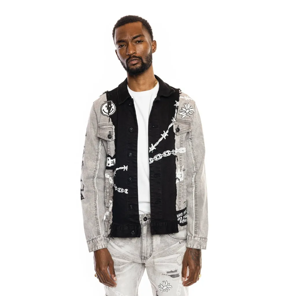 Mixed Media Fashion Jean Jacket - Frost Grey