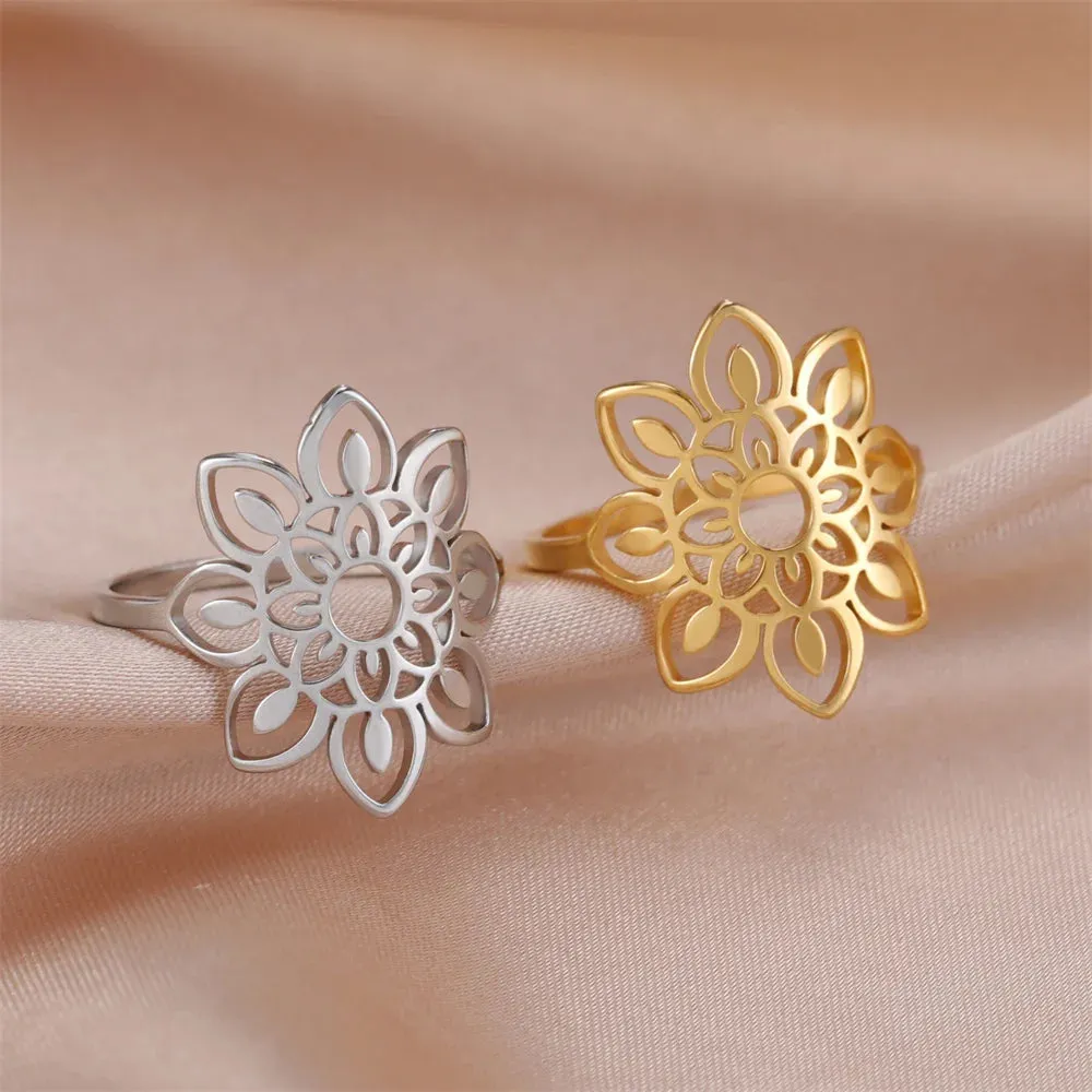 My Shape Lotus Flower Ring Mandala Silver Gold Women Ring